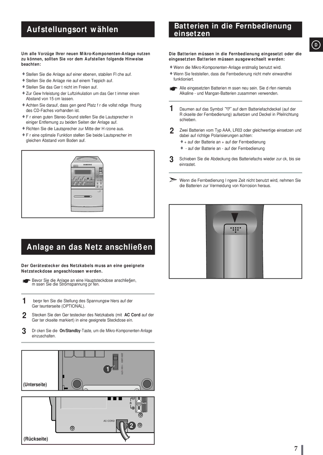 Samsung MMB3LH/ELS, MM-B3 Aufstellungsort wählen, Anlage an das Netz anschließen, Batterien in die Fernbedienung einsetzen 