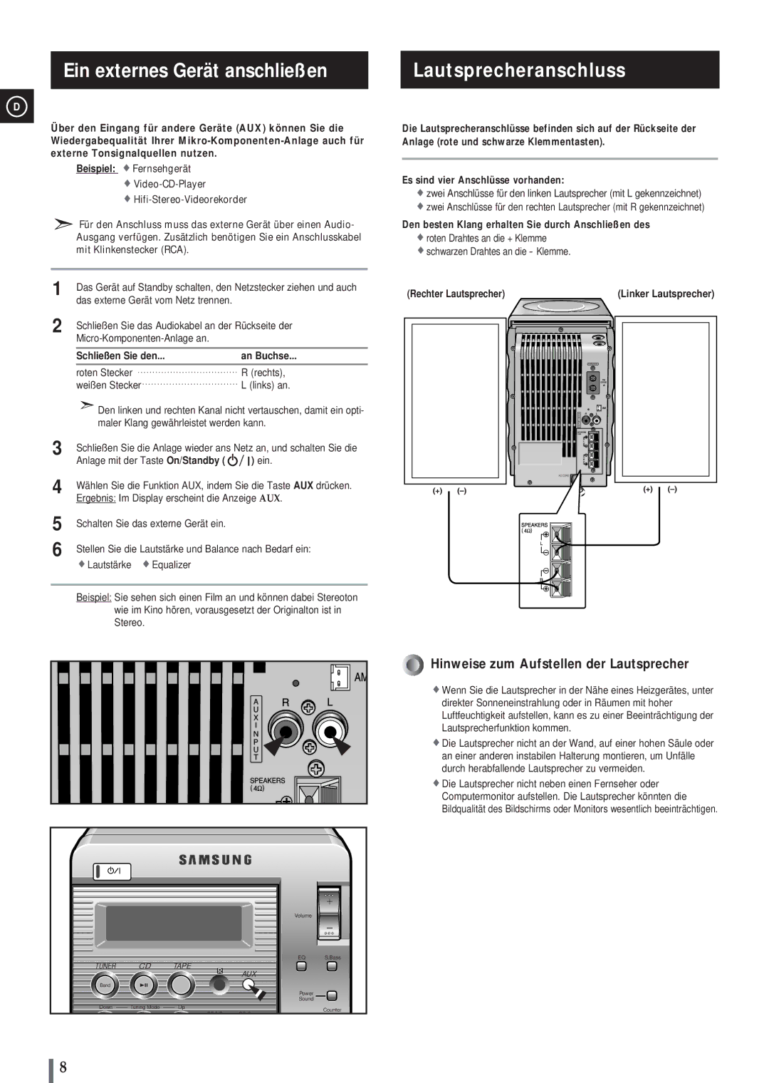 Samsung MM-B3 Ein externes Gerät anschließen, Lautsprecheranschluss, Schließen Sie den An Buchse, Rechter Lautsprecher 