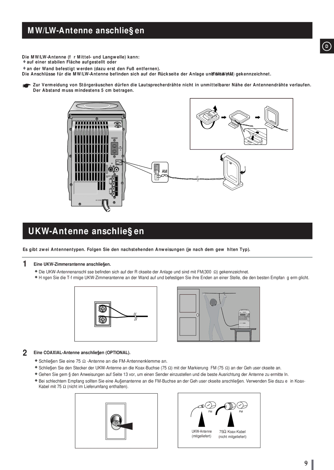 Samsung MMB3LH/ELS UKW-Antenne anschließen, MW/LW-Antenne anschließen, Die MW/LW-Antenne für Mittel- und Langwelle kann 