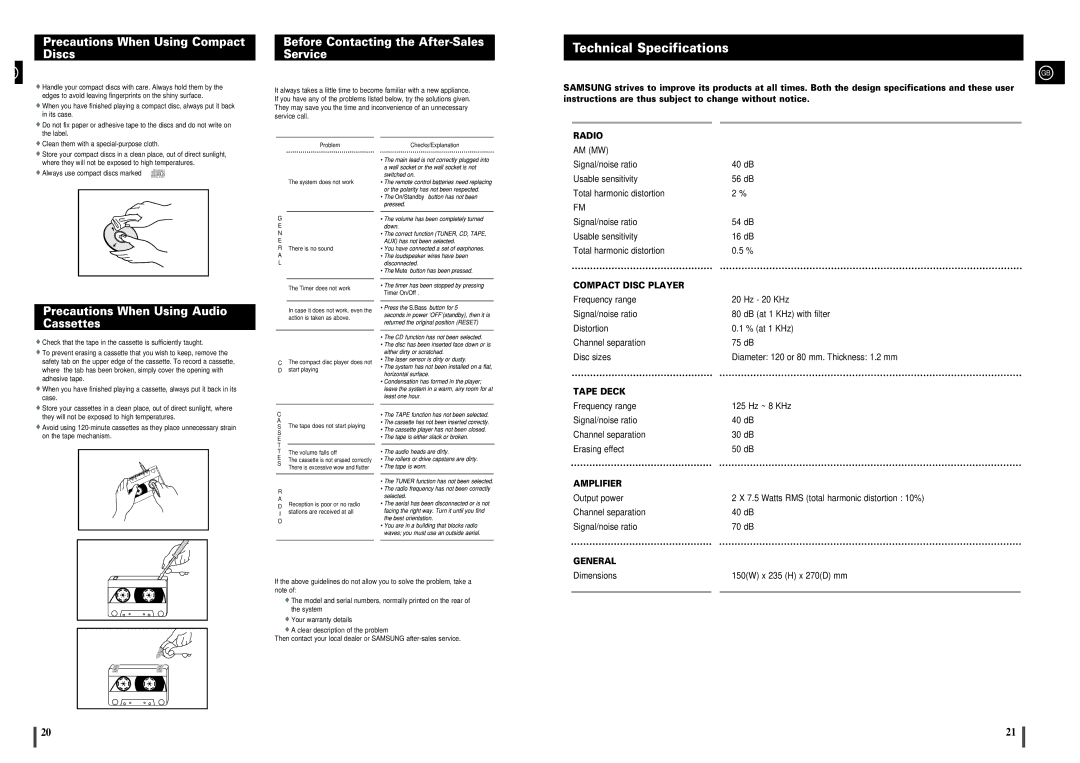 Samsung MM-B3/B4 Precautions When Using Compact Discs, Before Contacting the After-Sales Service, Technical Specifications 