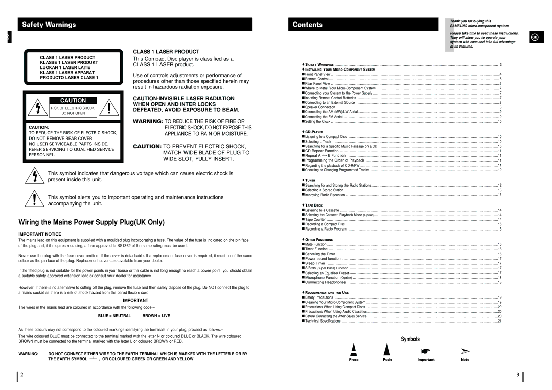 Samsung MM-B3/B4 instruction manual Wiring the Mains Power Supply PlugUK Only 