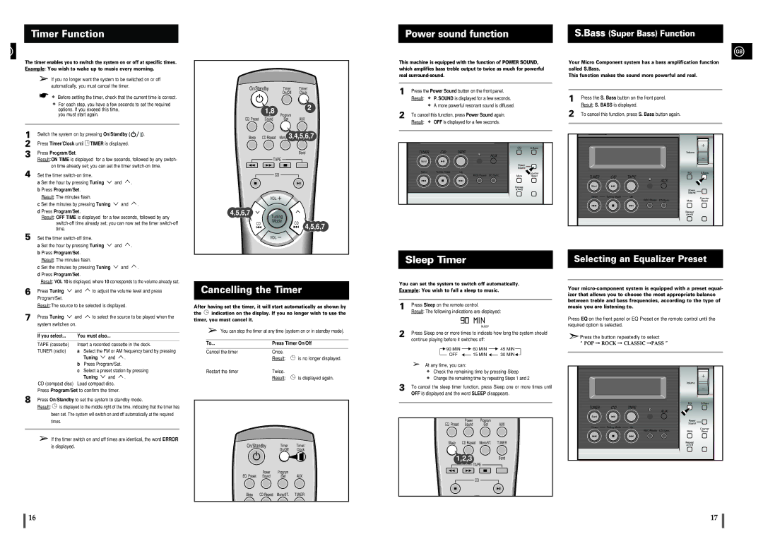 Samsung MM-B3/B4 instruction manual Timer Function, Power sound function, Cancelling the Timer, Bass Super Bass Function 