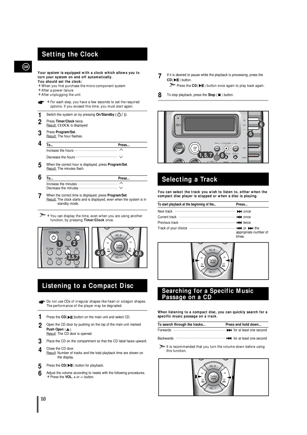 Samsung MM-B5, MMB5RH/ELS manual Setting the Clock, Selecting a Track, Listening to a Compact Disc 