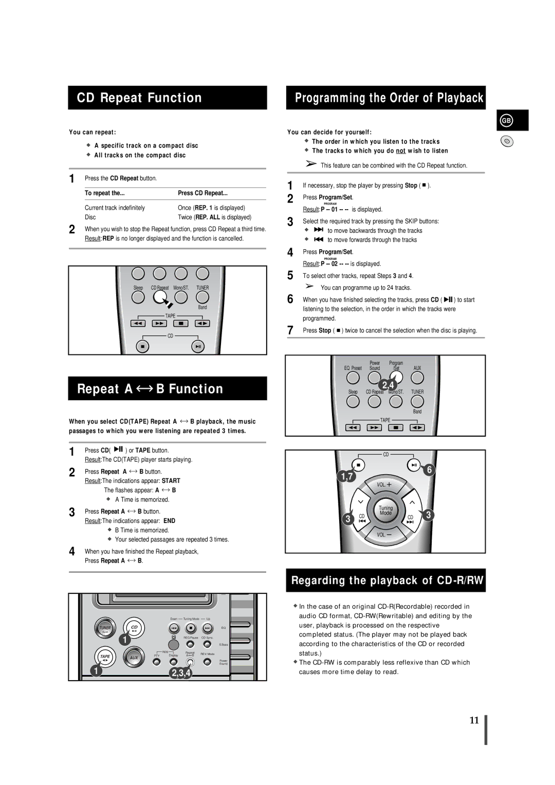 Samsung MMB5RH/ELS, MM-B5 manual CD Repeat Function, Repeat a B Function, Programming the Order of Playback 