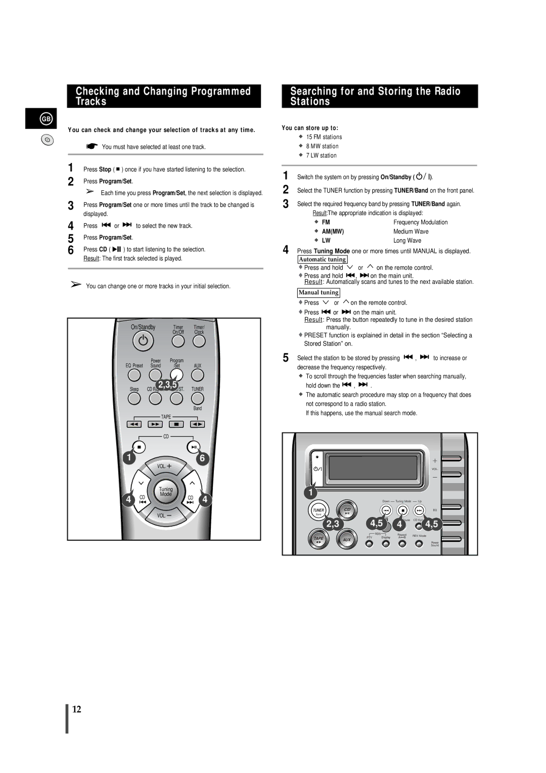 Samsung MM-B5 Checking and Changing Programmed Tracks, Searching for and Storing the Radio Stations, You can store up to 