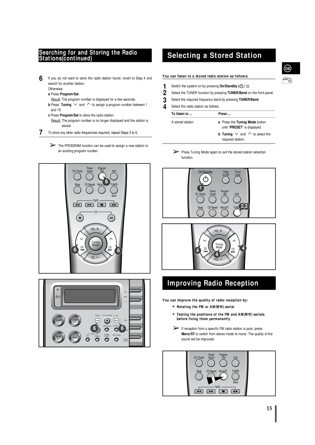 Samsung MMB5RH/ELS, MM-B5 manual Selecting a Stored Station, Improving Radio Reception, Press Tuning, To listen to Press 