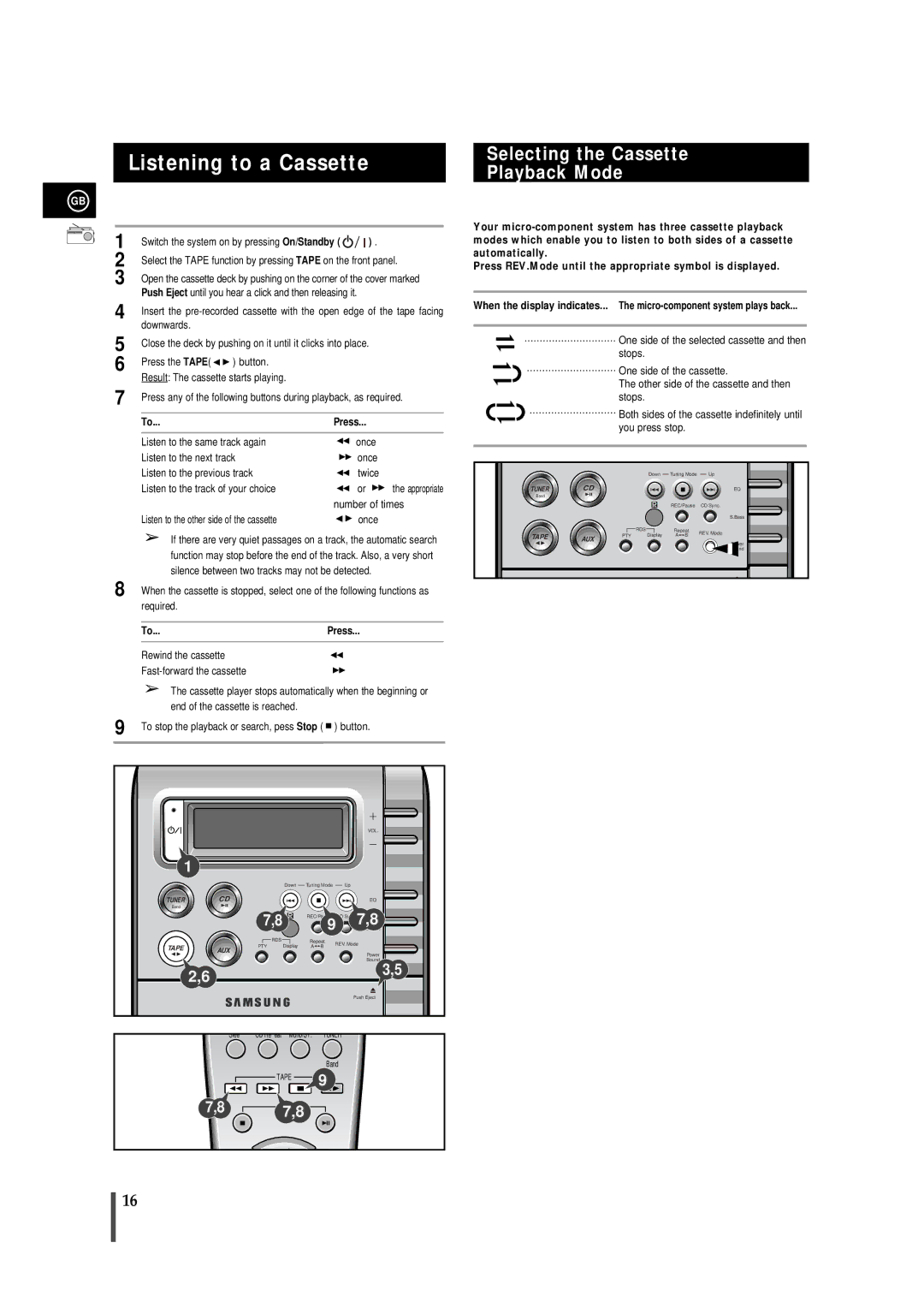 Samsung MM-B5, MMB5RH/ELS manual Listening to a Cassette, Selecting the Cassette Playback Mode 