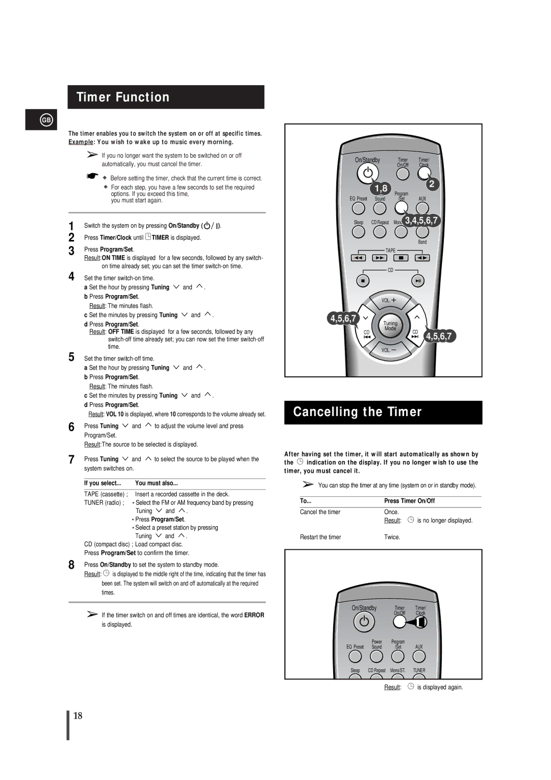 Samsung MM-B5, MMB5RH/ELS manual Timer Function, Cancelling the Timer, If you select You must also, Press Timer On/Off 