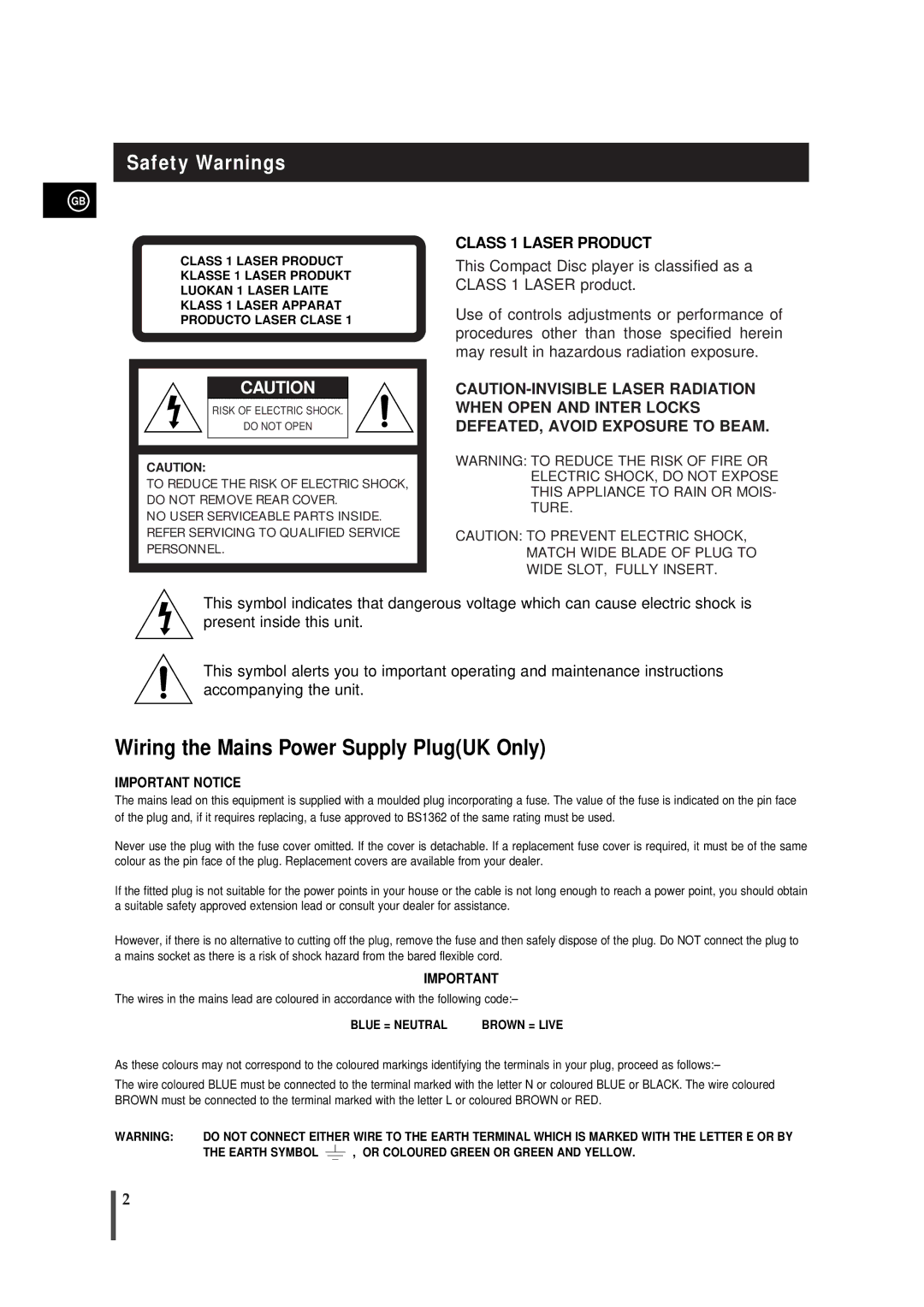 Samsung MM-B5, MMB5RH/ELS manual Safety Warnings, Class 1 Laser Product 