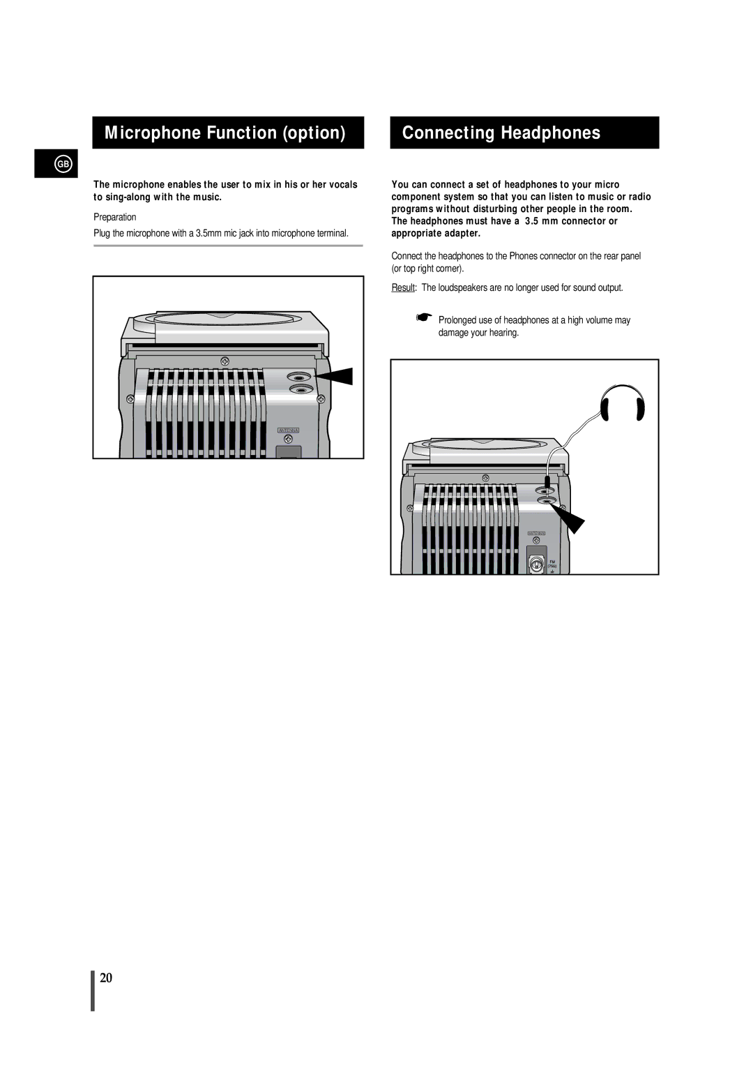 Samsung MM-B5, MMB5RH/ELS manual Microphone Function option, Connecting Headphones 