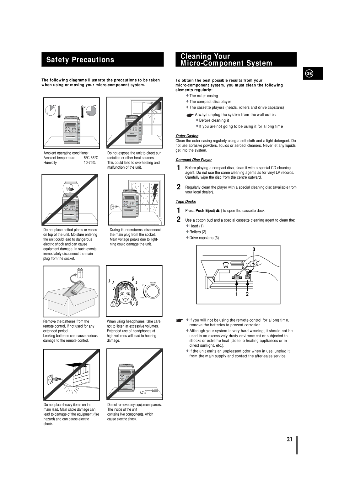 Samsung MMB5RH/ELS, MM-B5 manual Safety Precautions Cleaning Your Micro-Component System, Press Push Eject 