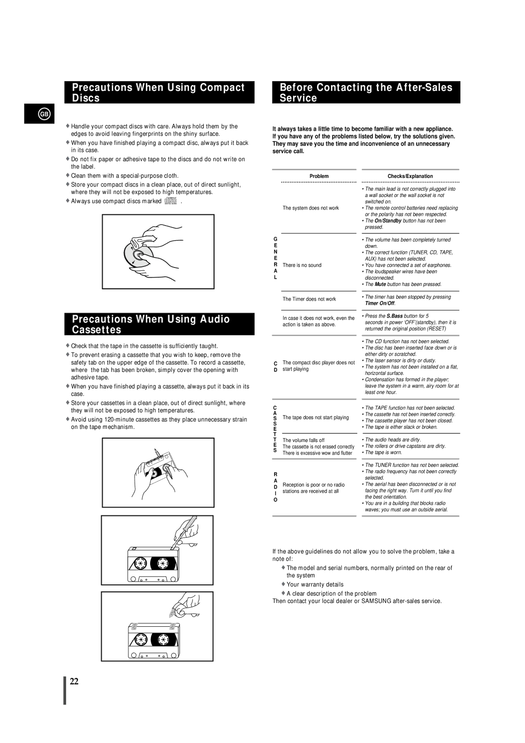 Samsung MM-B5, MMB5RH/ELS manual Precautions When Using Compact Discs, Before Contacting the After-Sales Service 