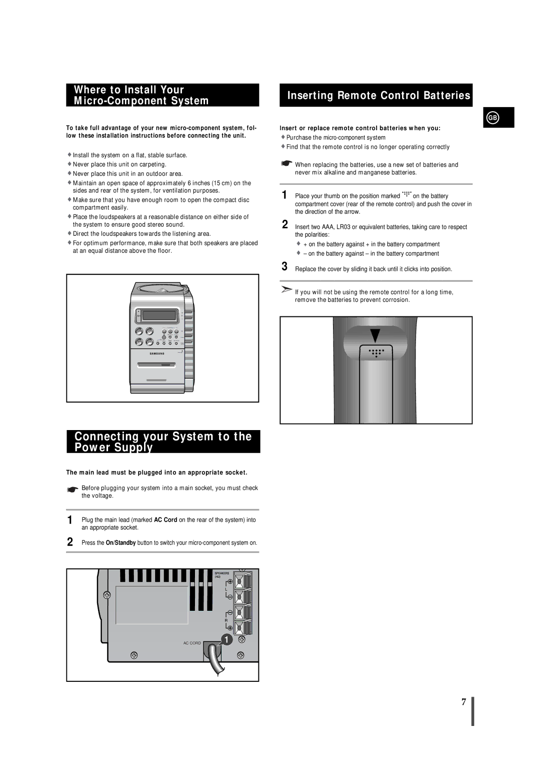 Samsung MMB5RH/ELS, MM-B5 manual Connecting your System to the Power Supply, Where to Install Your Micro-Component System 