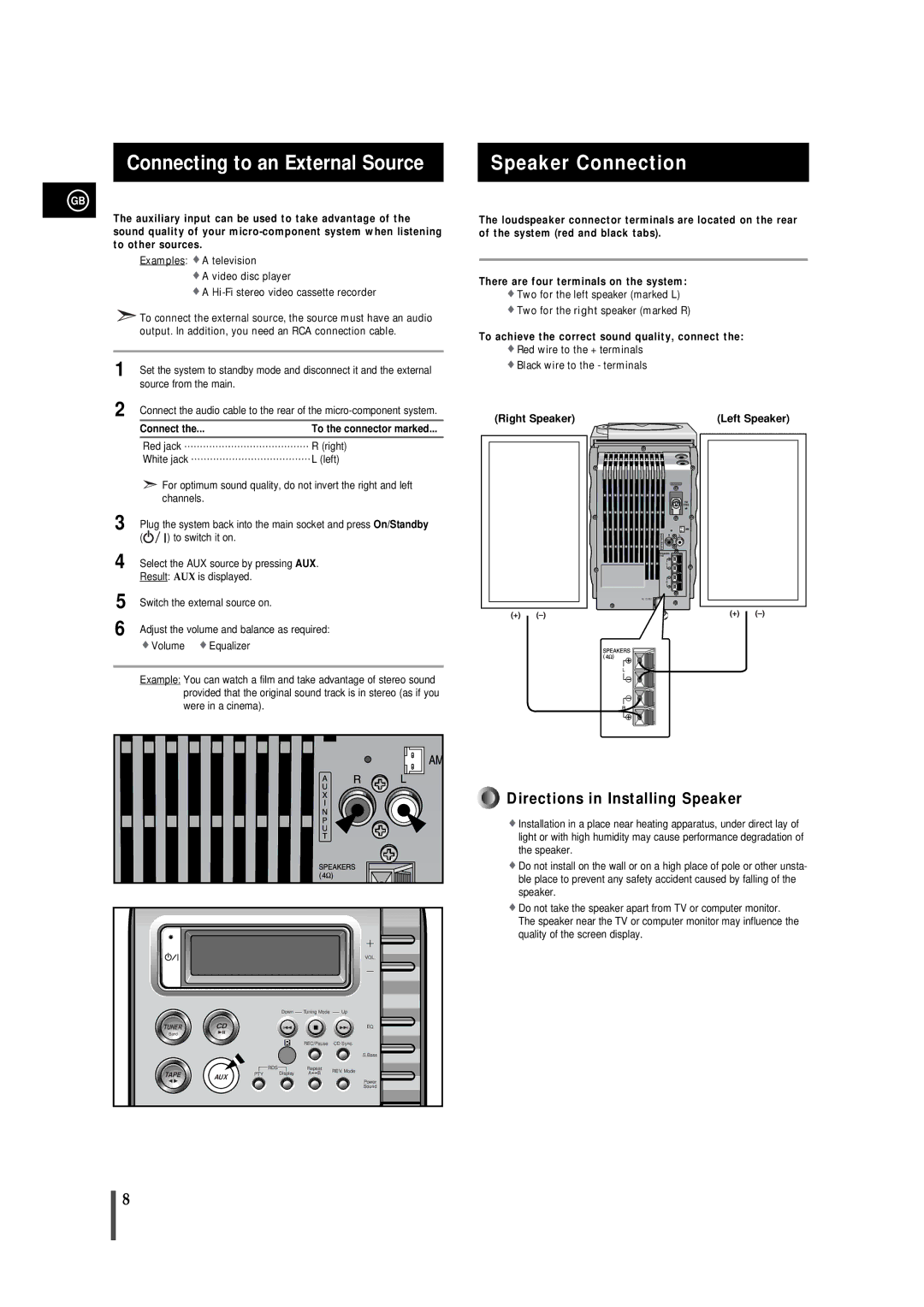 Samsung MM-B5 manual Connecting to an External Source, Speaker Connection, To achieve the correct sound quality, connect 