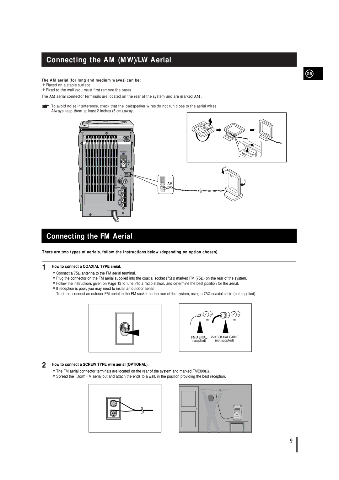 Samsung MMB5RH/ELS Connecting the AM MW/LW Aerial, Connecting the FM Aerial, AM aerial for long and medium waves can be 