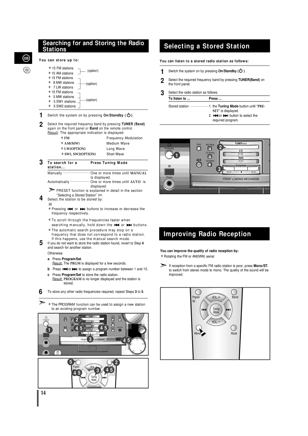 Samsung MM-B9 Selecting a Stored Station, Improving Radio Reception, Searching for and Storing the Radio Stations 