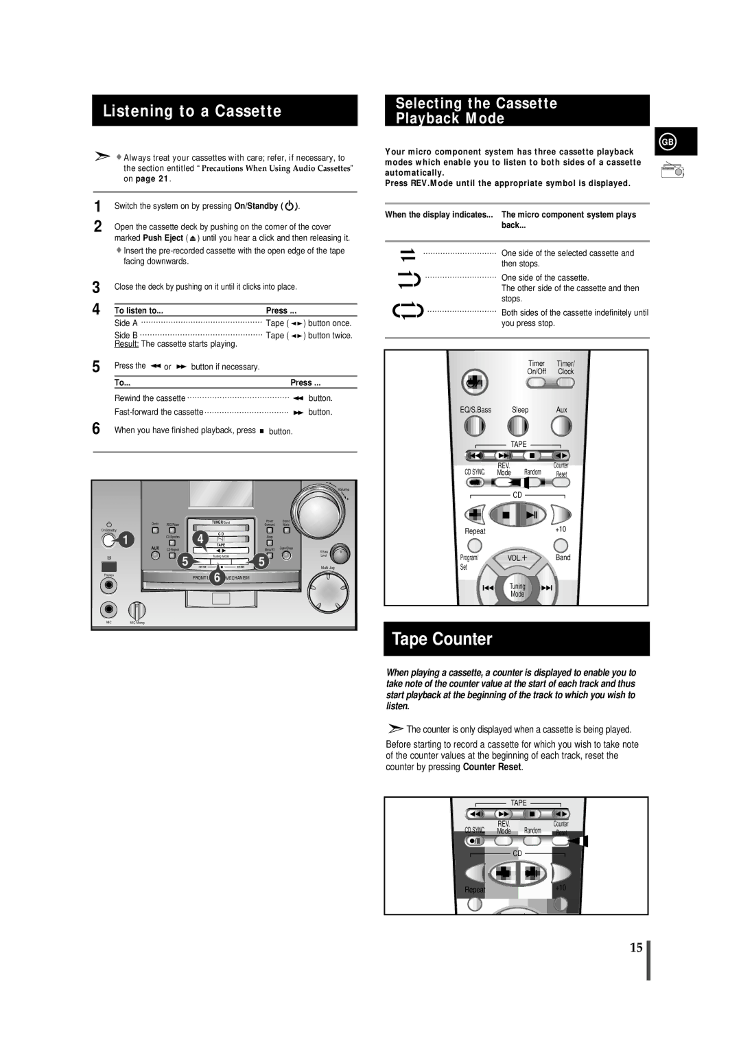 Samsung AH68-01018B, MM-B9 instruction manual Listening to a Cassette, Selecting the Cassette Playback Mode 