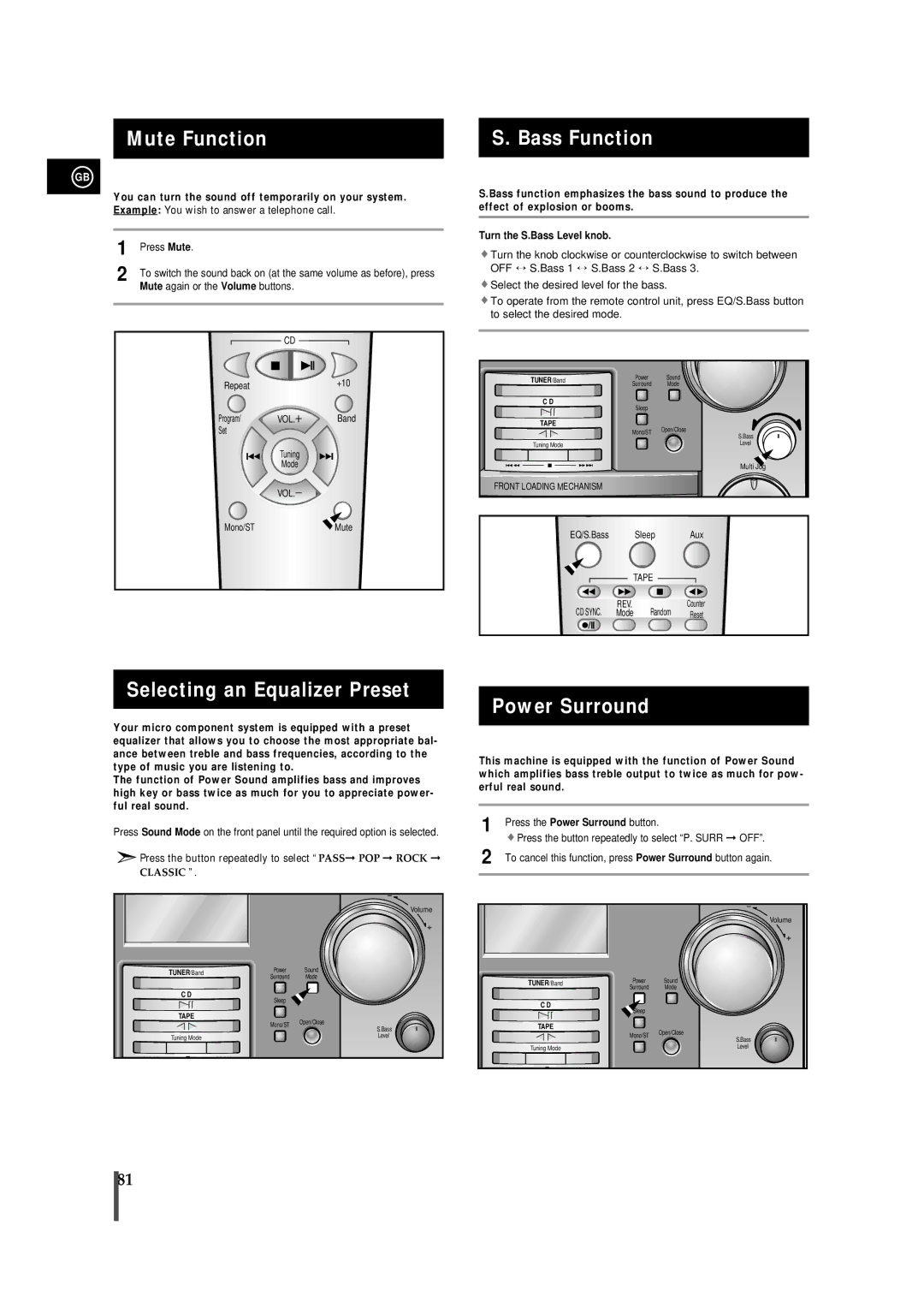 Samsung MM-B9, AH68-01018B instruction manual Mute Function Bass Function, Selecting an Equalizer Preset, Power Surround 