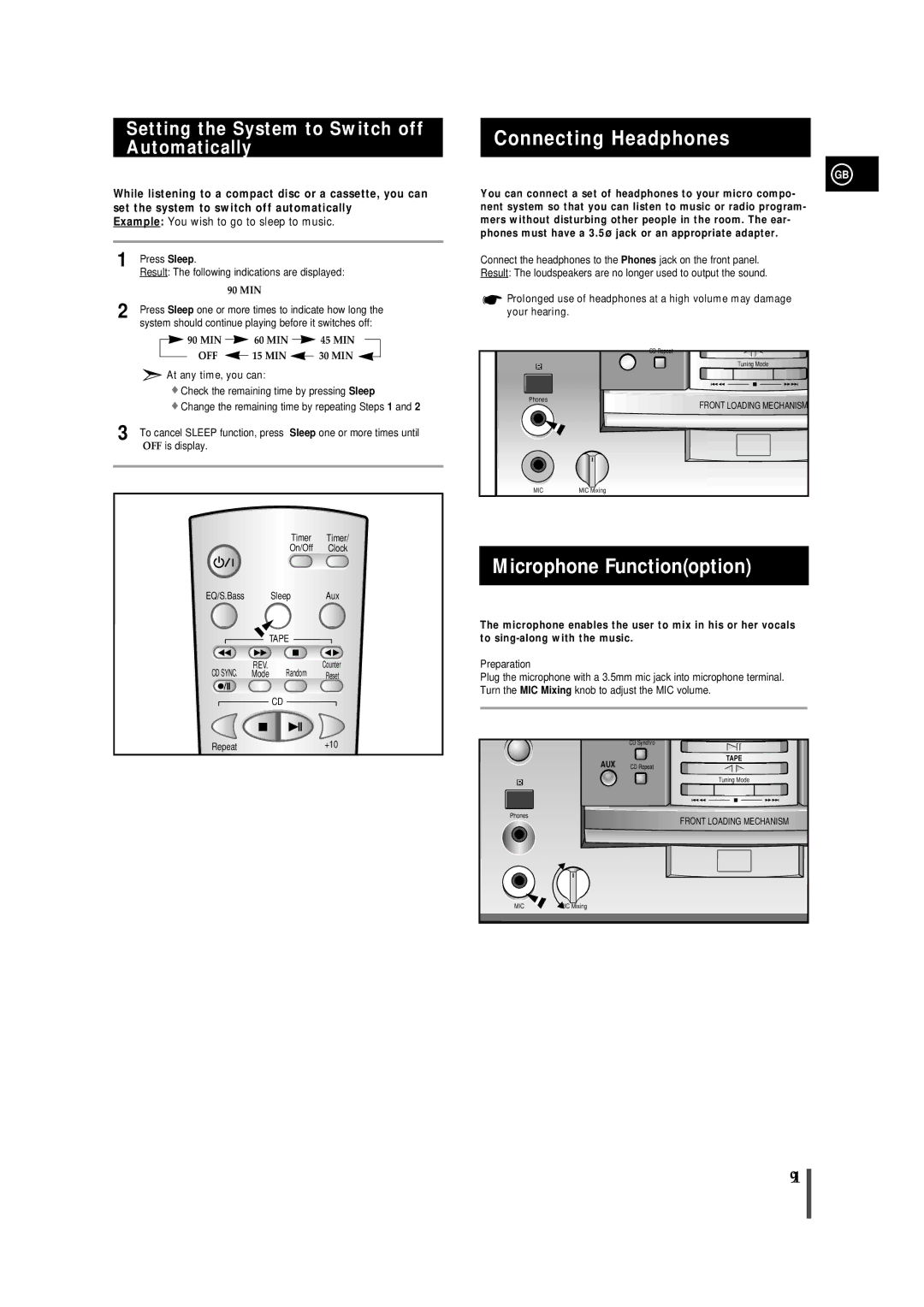 Samsung AH68-01018B Connecting Headphones, Microphone Functionoption, Setting the System to Switch off Automatically 