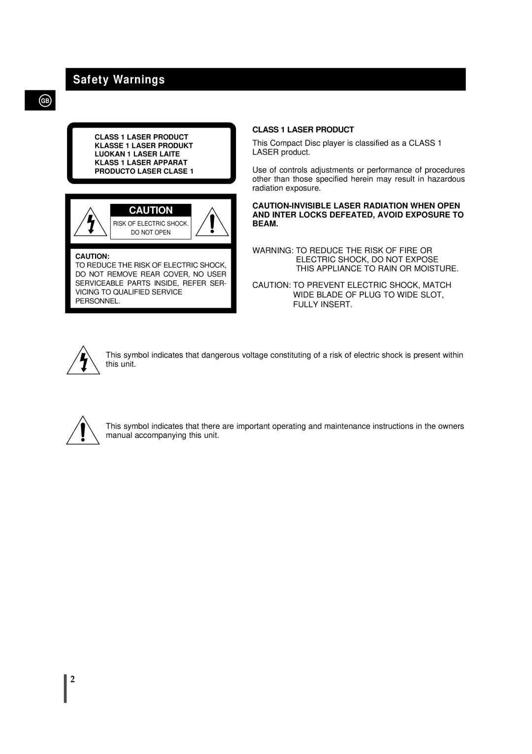 Samsung MM-B9, AH68-01018B instruction manual Safety Warnings, Class 1 Laser Product 