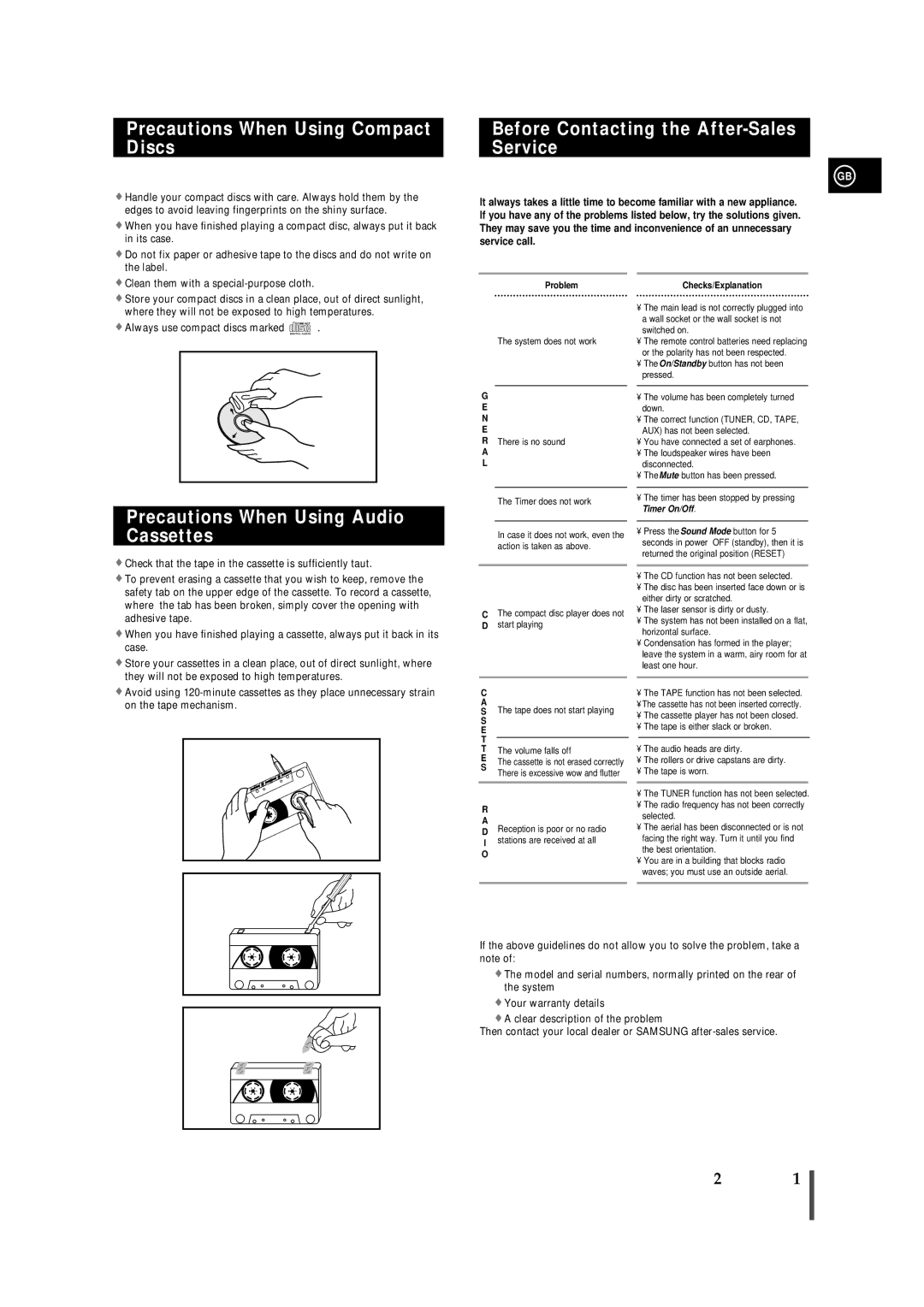 Samsung AH68-01018B, MM-B9 Precautions When Using Compact Discs, Before Contacting the After-Sales Service 