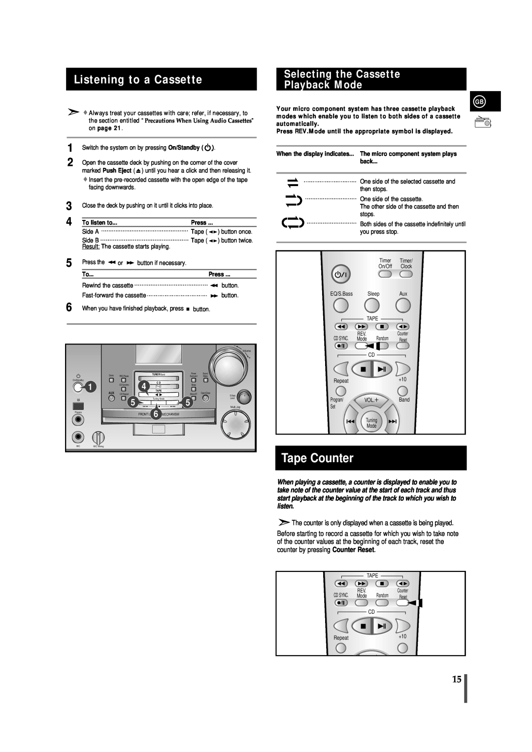 Samsung AH68-01018B, MM-B9 instruction manual Listening to a Cassette, Selecting the Cassette Playback Mode, Tape Counter 