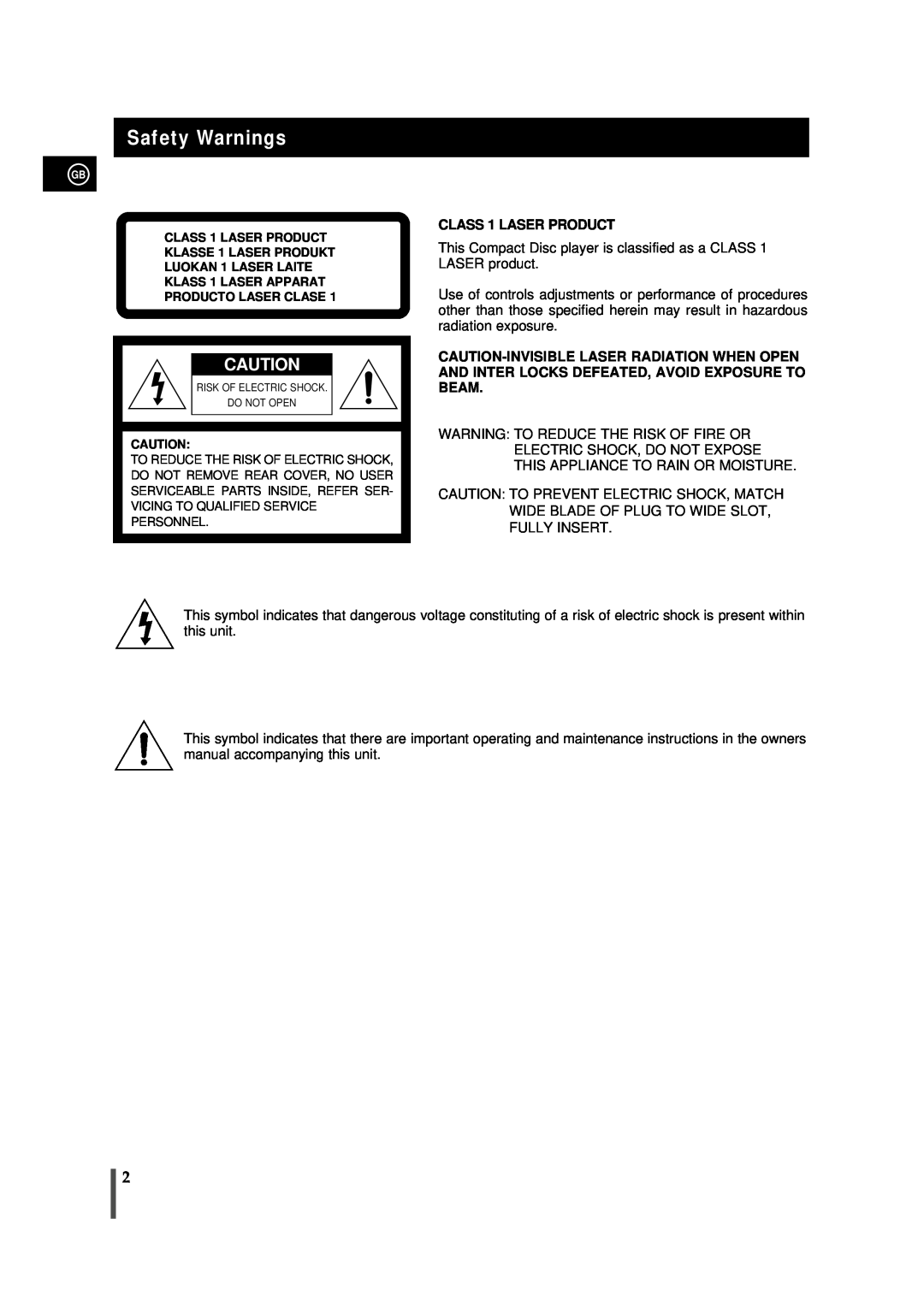 Samsung MM-B9, AH68-01018B instruction manual Safety Warnings, CLASS 1 LASER PRODUCT 