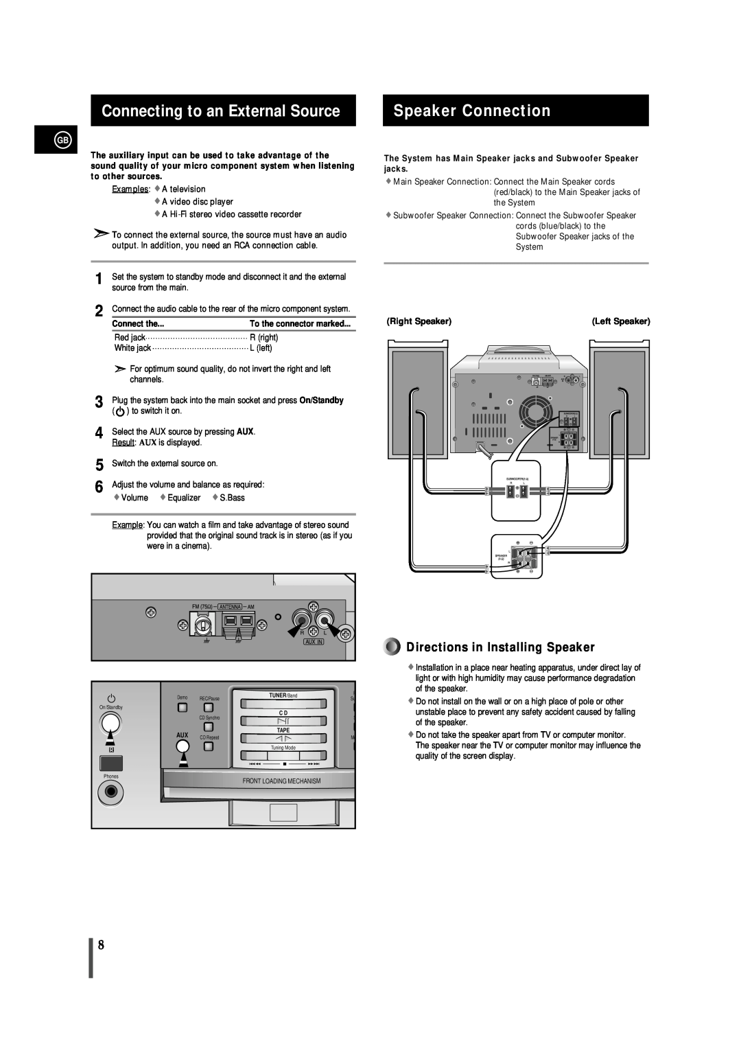 Samsung MM-B9, AH68-01018B Connecting to an External Source, Speaker Connection, Directions in Installing Speaker 