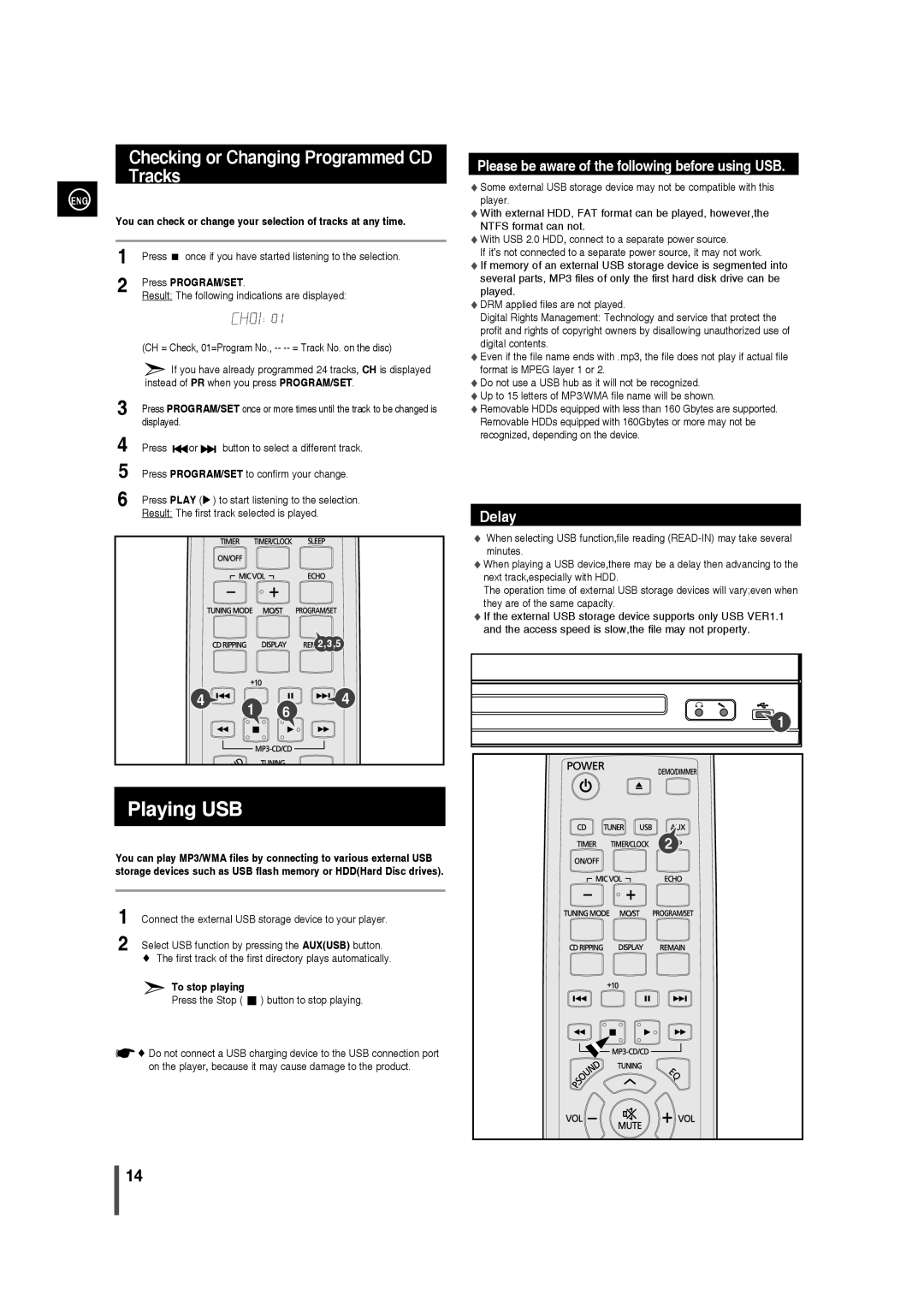 Samsung MM-C330 user manual Playing USB, Checking or Changing Programmed CD Tracks, To stop playing 