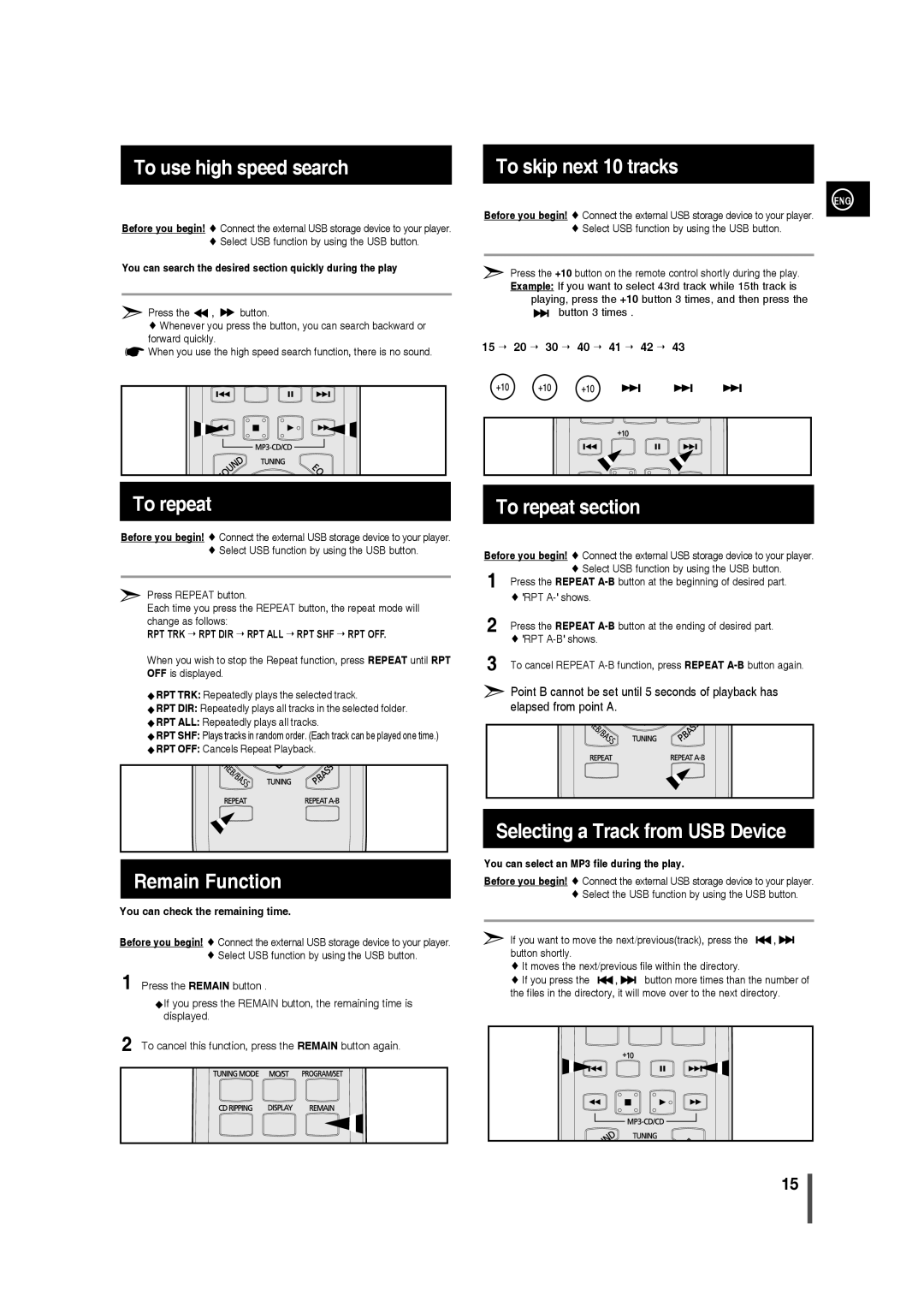 Samsung MM-C330 To use high speed search, To skip next 10 tracks, To repeat section, Selecting a Track from USB Device 