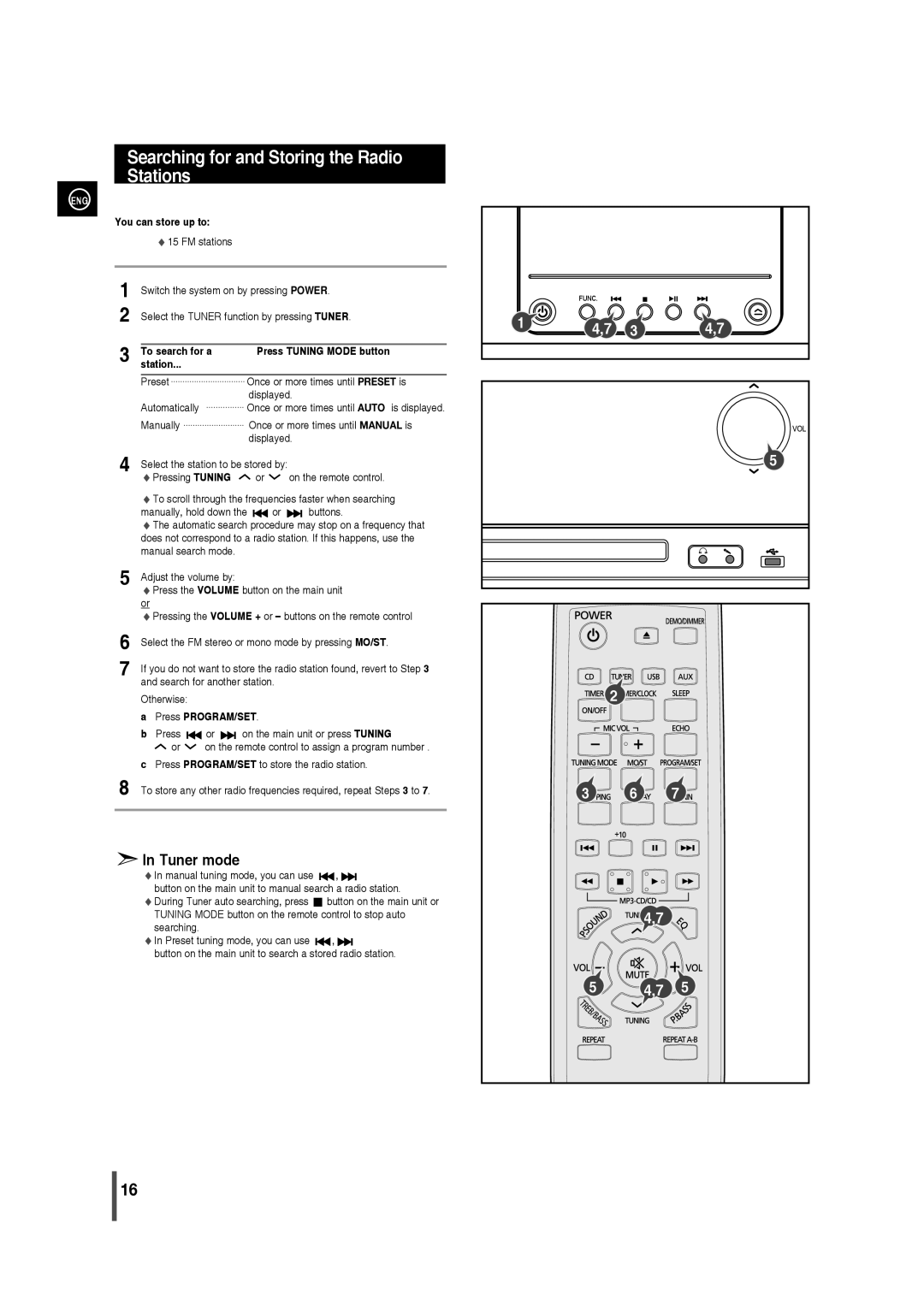 Samsung MM-C330 user manual Searching for and Storing the Radio Stations, You can store up to 