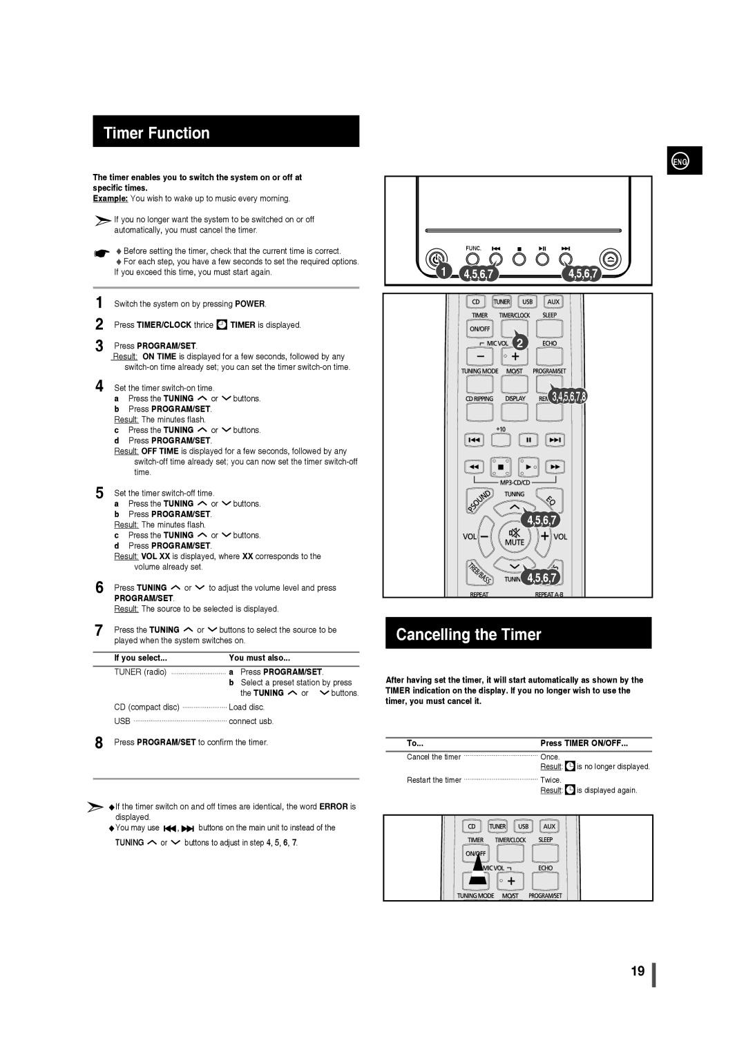 Samsung MM-C330 user manual Cancelling the Timer, If you select You must also 