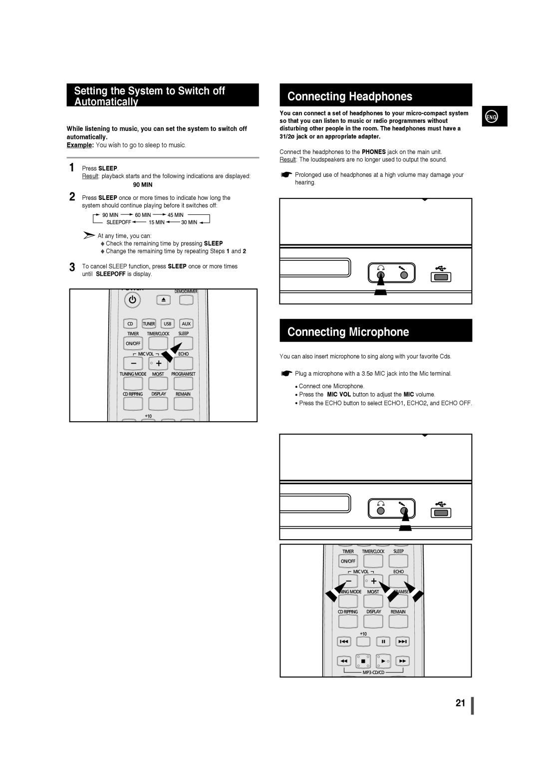 Samsung MM-C330 user manual Connecting Headphones, Connecting Microphone, Setting the System to Switch off Automatically 