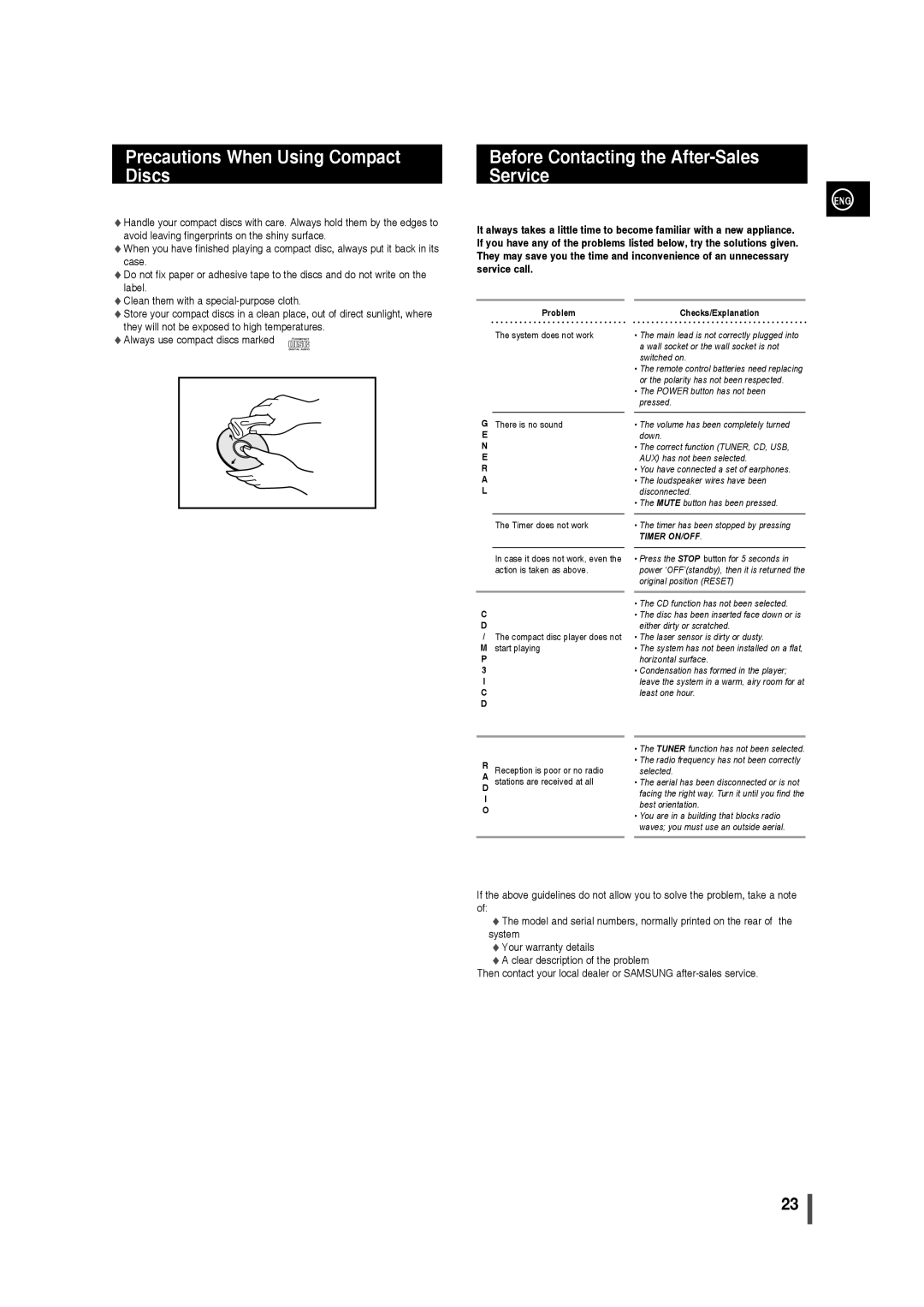 Samsung MM-C330 user manual Precautions When Using Compact Discs, Before Contacting the After-Sales Service 