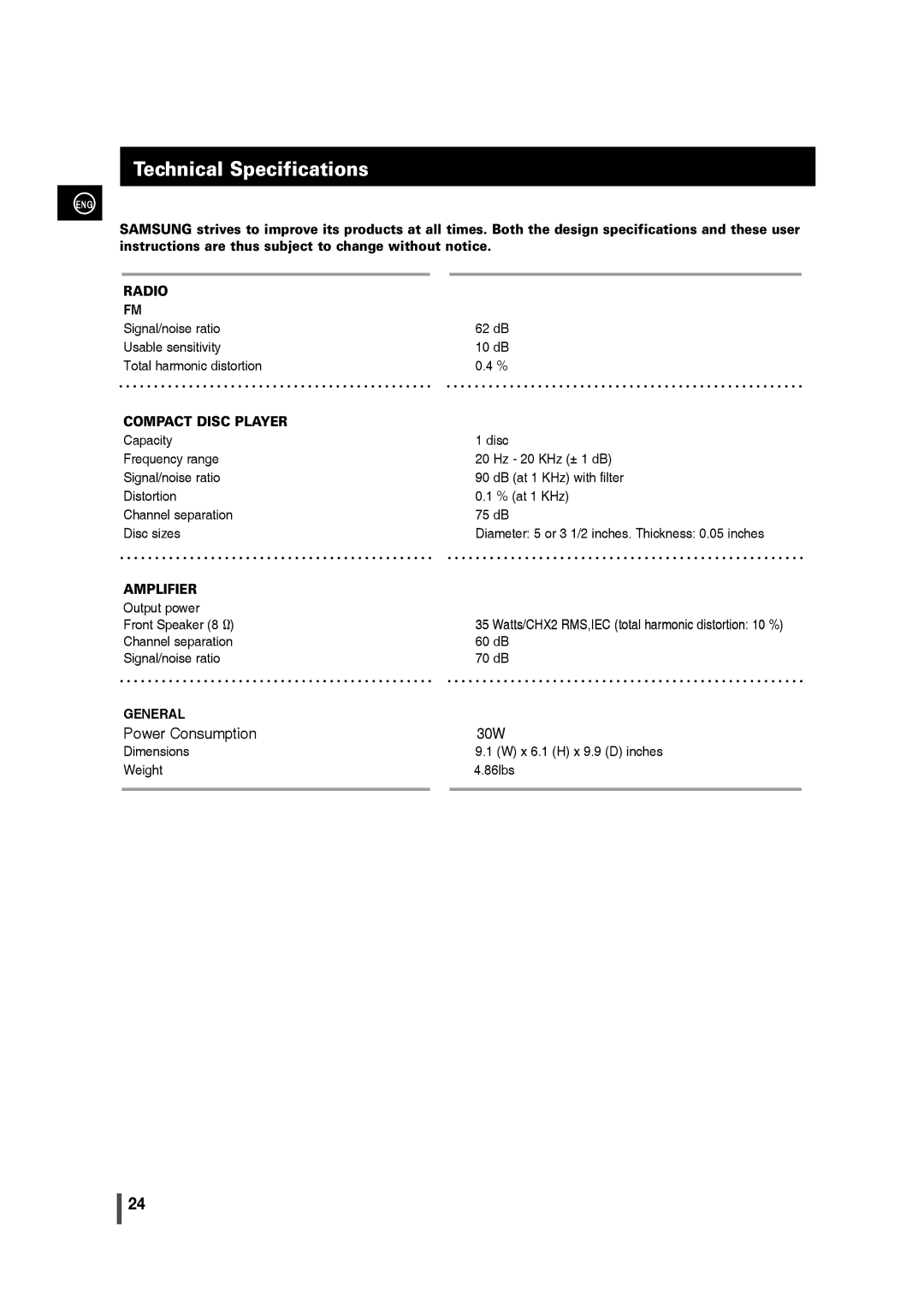 Samsung MM-C330 user manual Technical Specifications, Compact Disc Player 