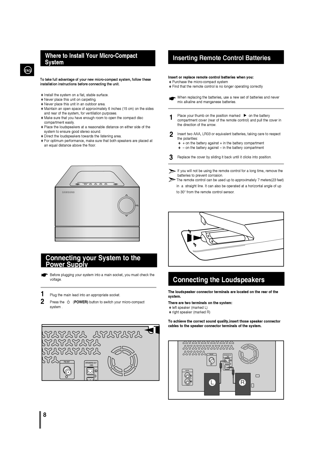 Samsung MM-C330 user manual Connecting your System to the Power Supply, Connecting the Loudspeakers 