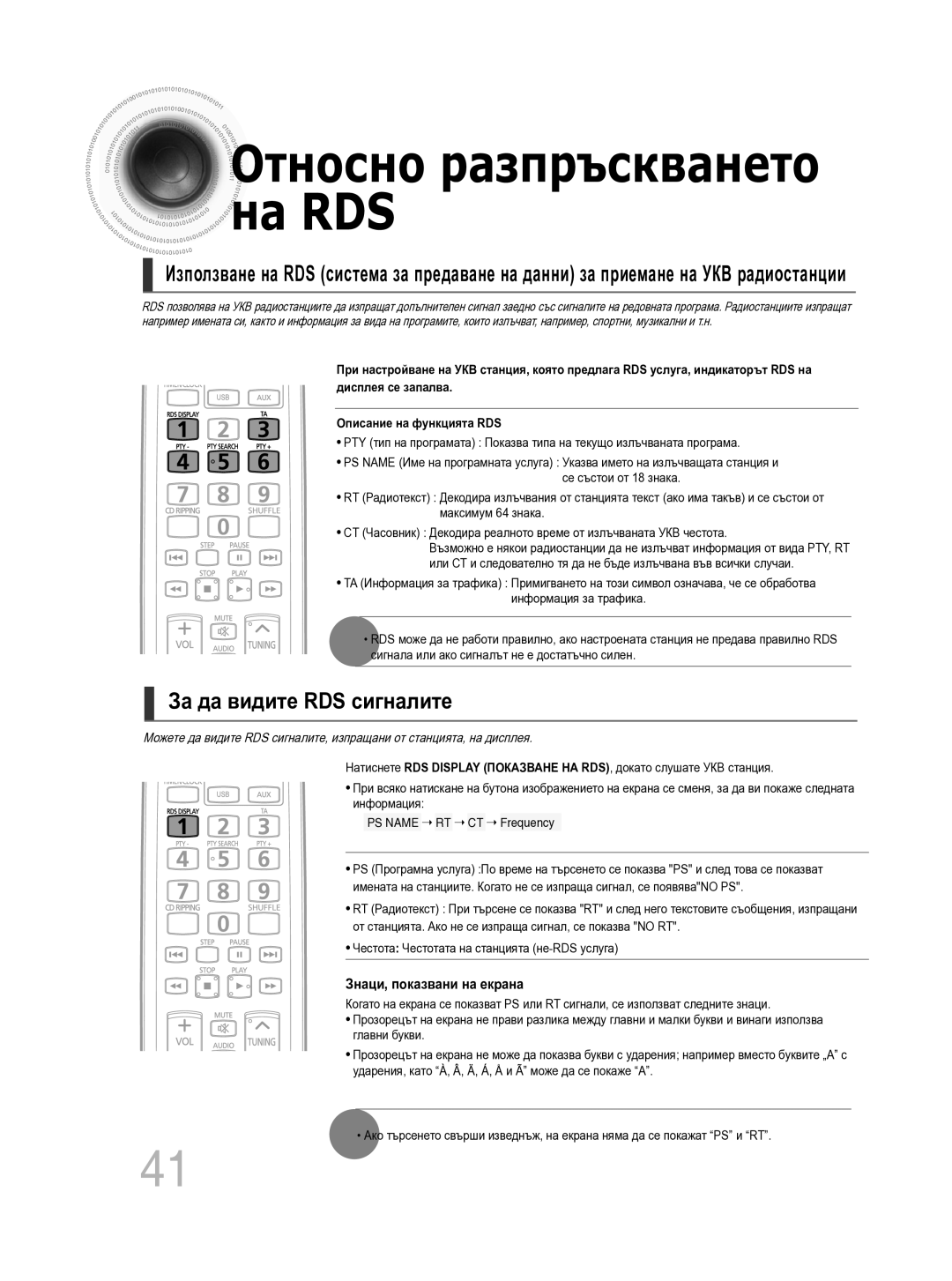 Samsung MM-C330D/EDC manual За да видите RDS сигналите, Знаци, показвани на екрана 