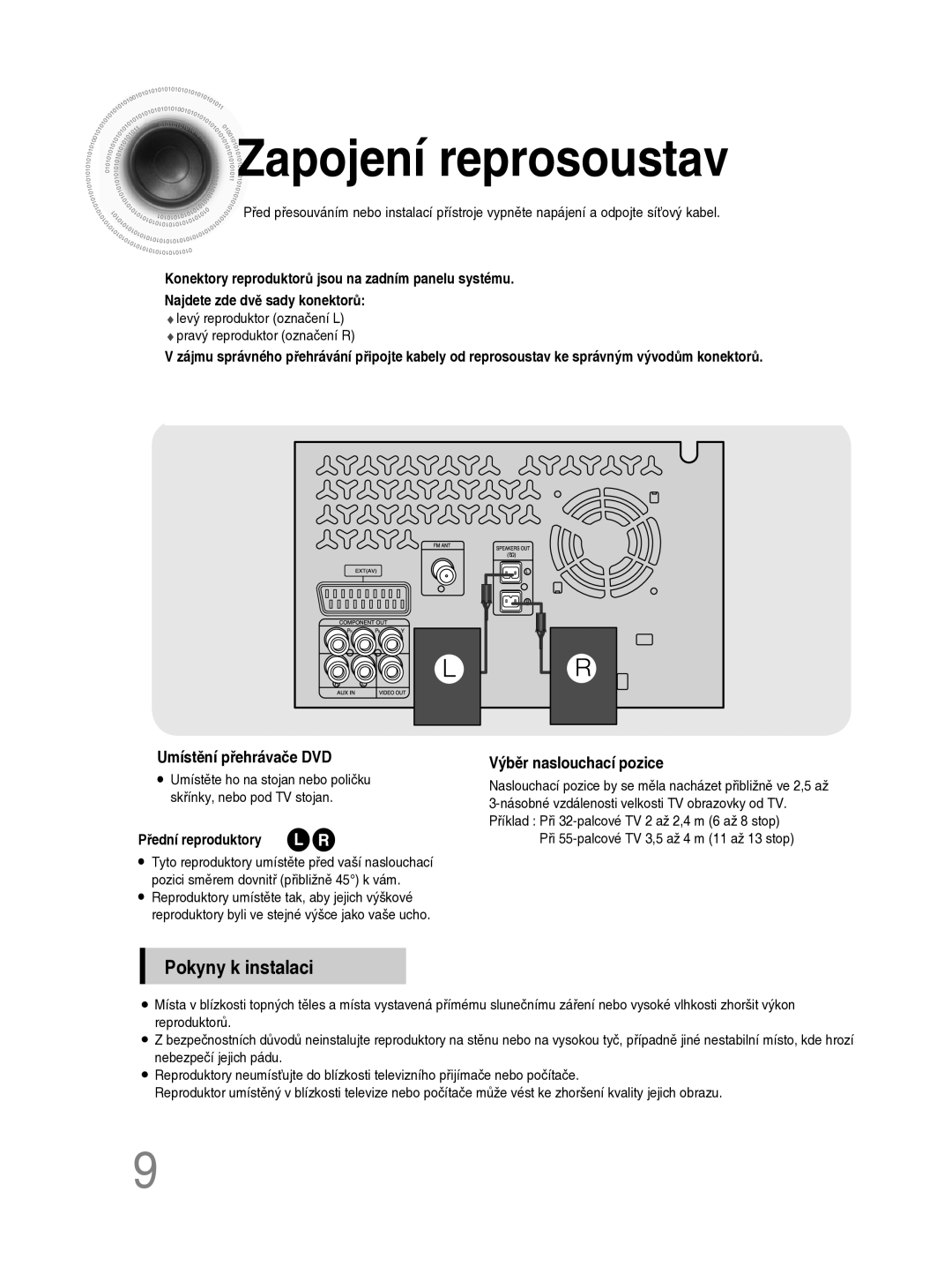 Samsung MM-C330D/EDC manual Zapojení reprosoustav, Při 55-palcové TV 3,5 až 4 m 11 až 13 stop 