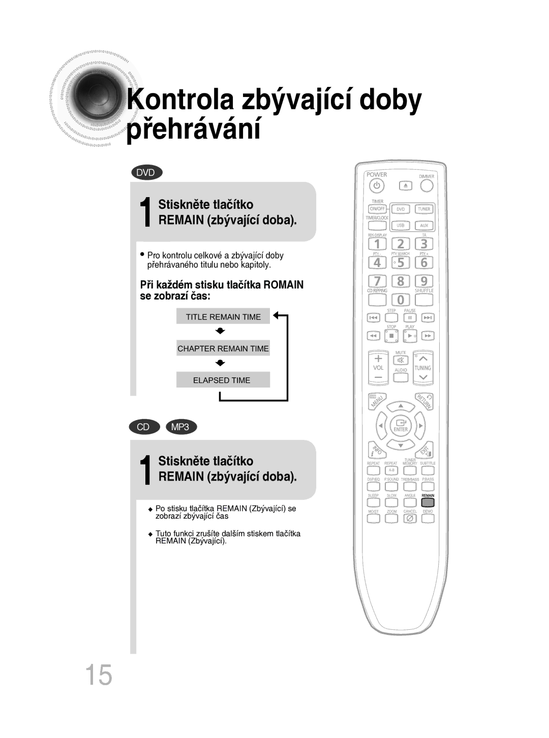 Samsung MM-C330D/EDC manual Kontrola zbývající doby přehrávání, 1Stiskněte tlačítko Remain zbývající doba 