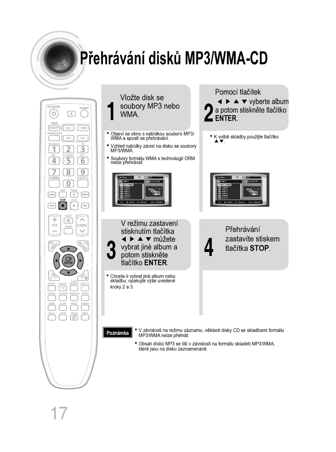 Samsung MM-C330D/EDC manual Řehrávání disků MP3/WMA-CD, Pomocí tlačítek 