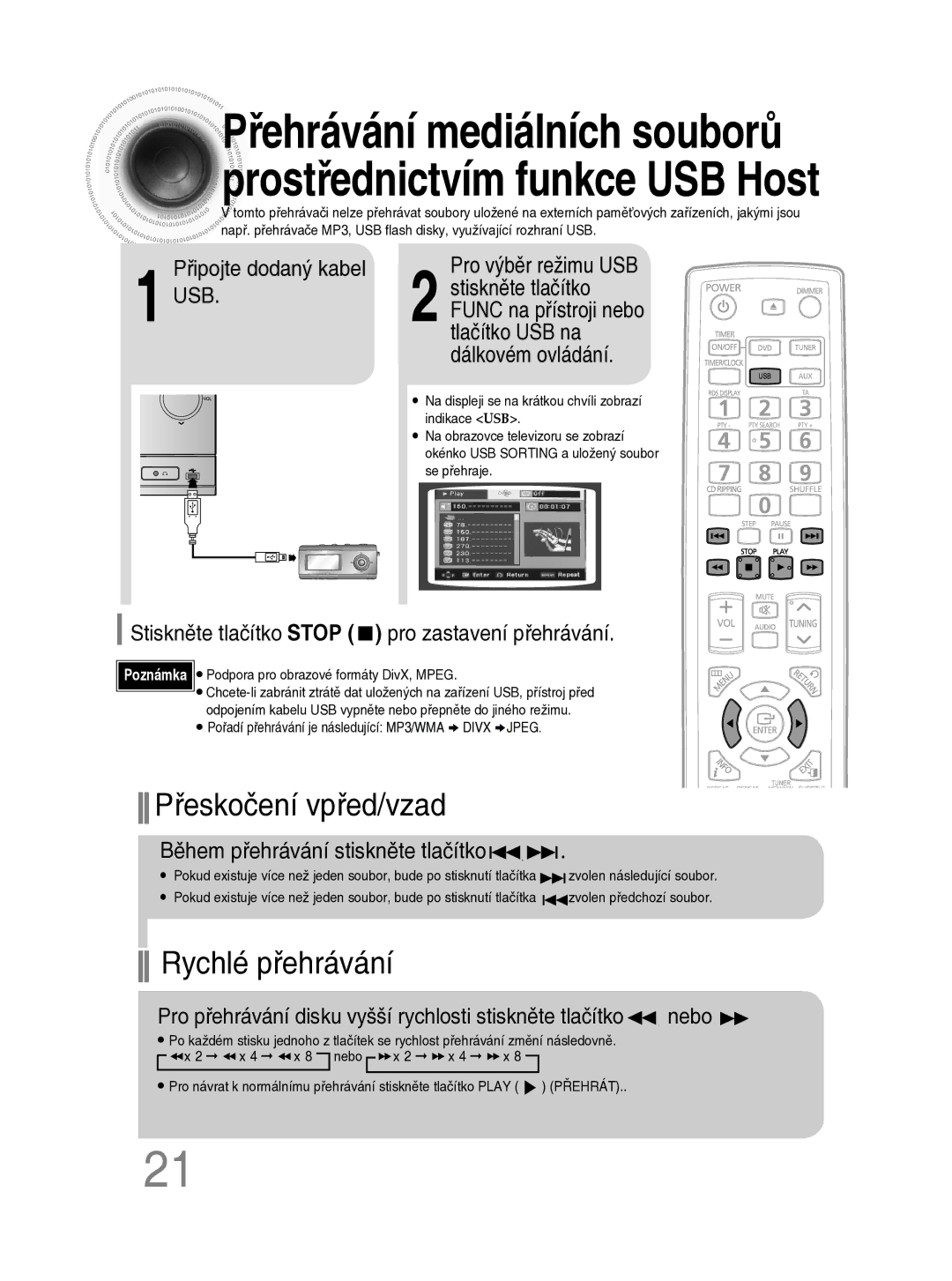 Samsung MM-C330D/EDC Připojte dodaný kabel USB Pro výběr režimu USB, Stiskněte tlačítko Stop pro zastavení přehrávání 