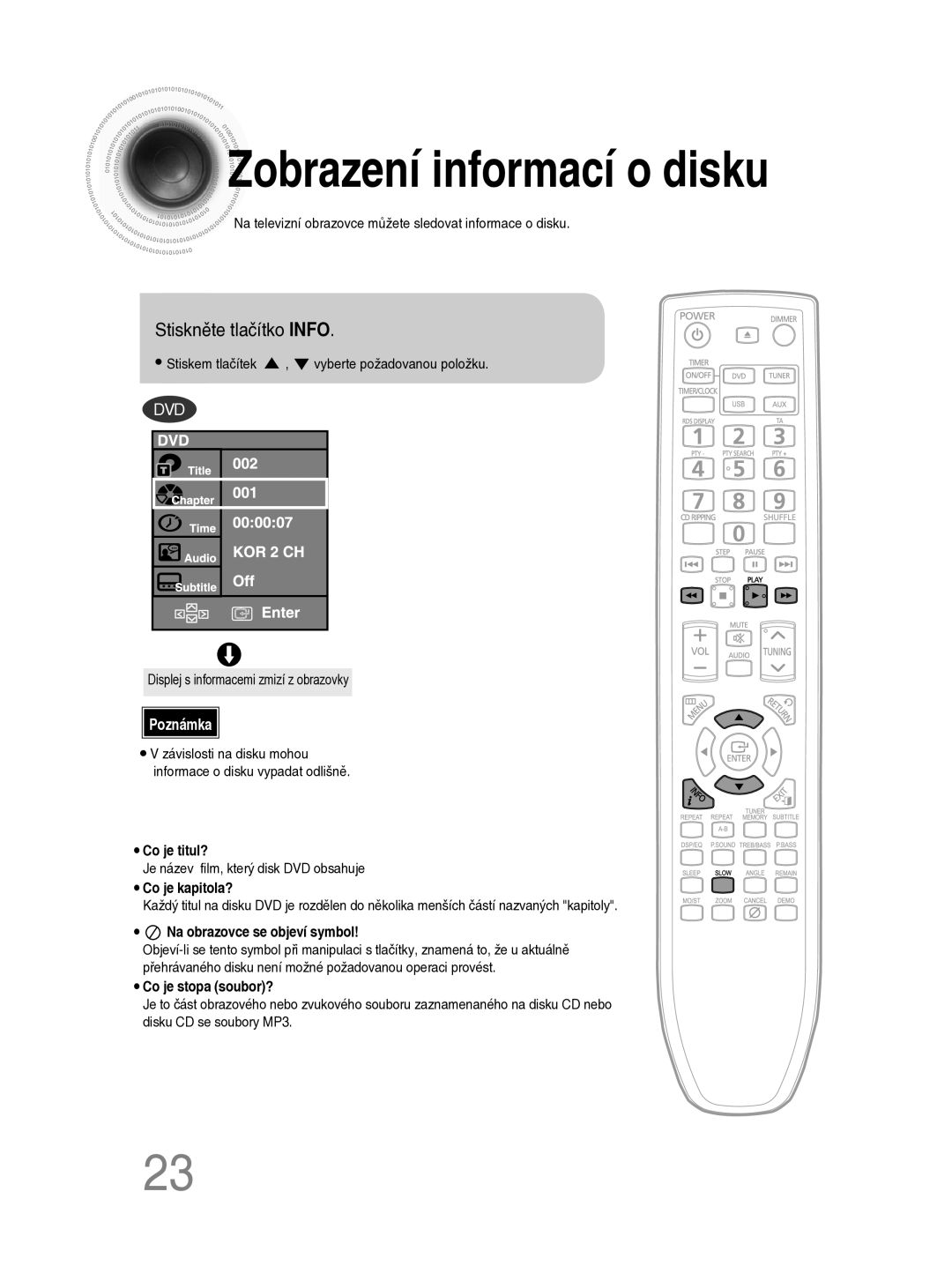 Samsung MM-C330D/EDC manual Zobrazení informací o disku, Na televizní obrazovce můžete sledovat informace o disku 