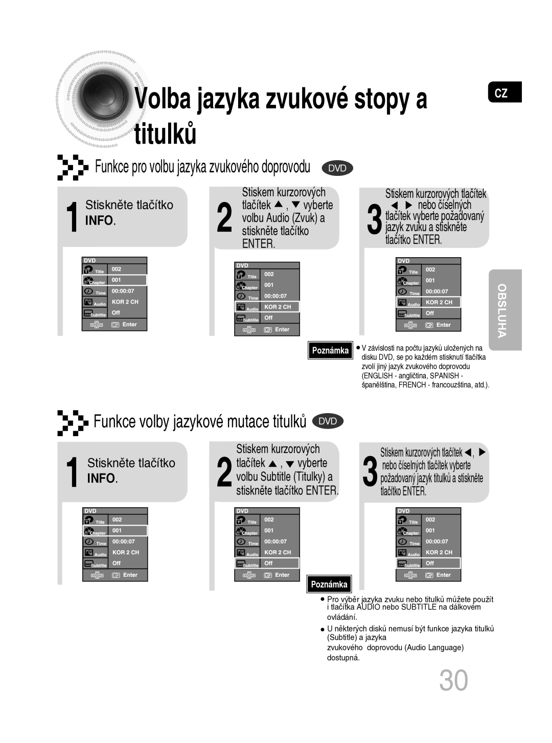 Samsung MM-C330D/EDC Volba jazyka zvukové stopy a titulků, 1Stiskněte tlačítko Info, Stiskněte tlačítko Tlačítek , vyberte 