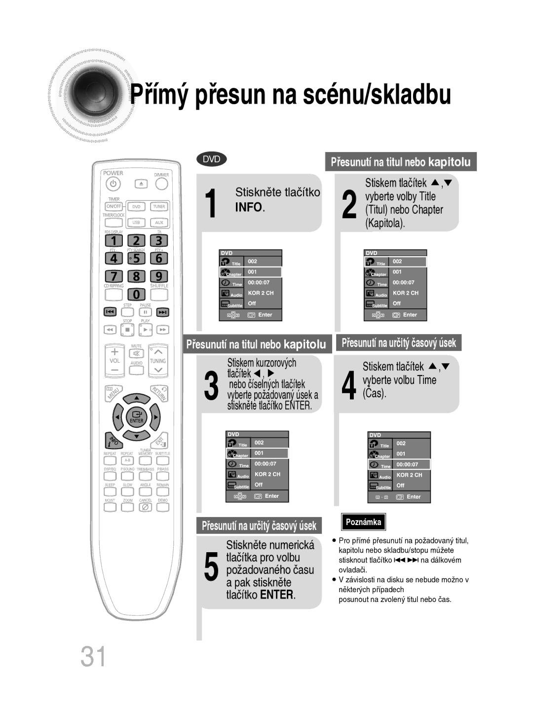 Samsung MM-C330D/EDC manual Kapitola, Čas, Stiskněte tlačítko Enter 