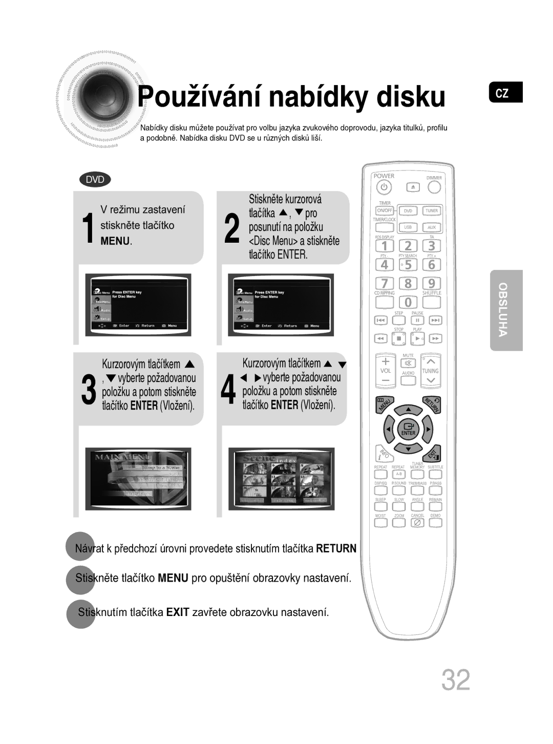 Samsung MM-C330D/EDC manual Používání nabídky disku, Režimu zastavení 1stisknMENUě.te tlačítko 