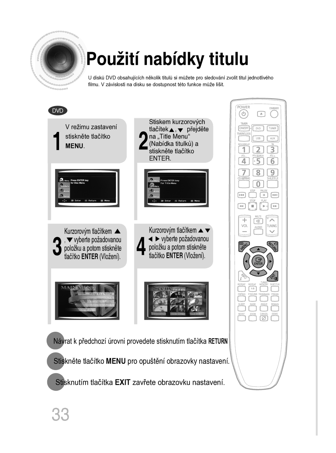 Samsung MM-C330D/EDC manual Použití nabídky titulu, Režimu zastavení Stiskněte tlačítko Menu 