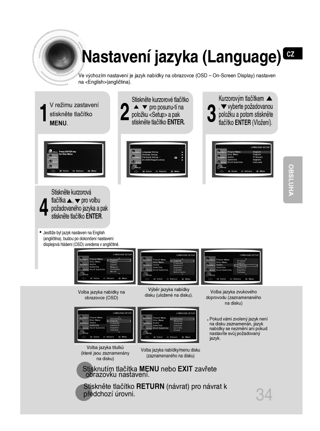 Samsung MM-C330D/EDC manual Nastavení jazyka Language CZ, Předchozí úrovni, 3tlačítko Enter Vložení 