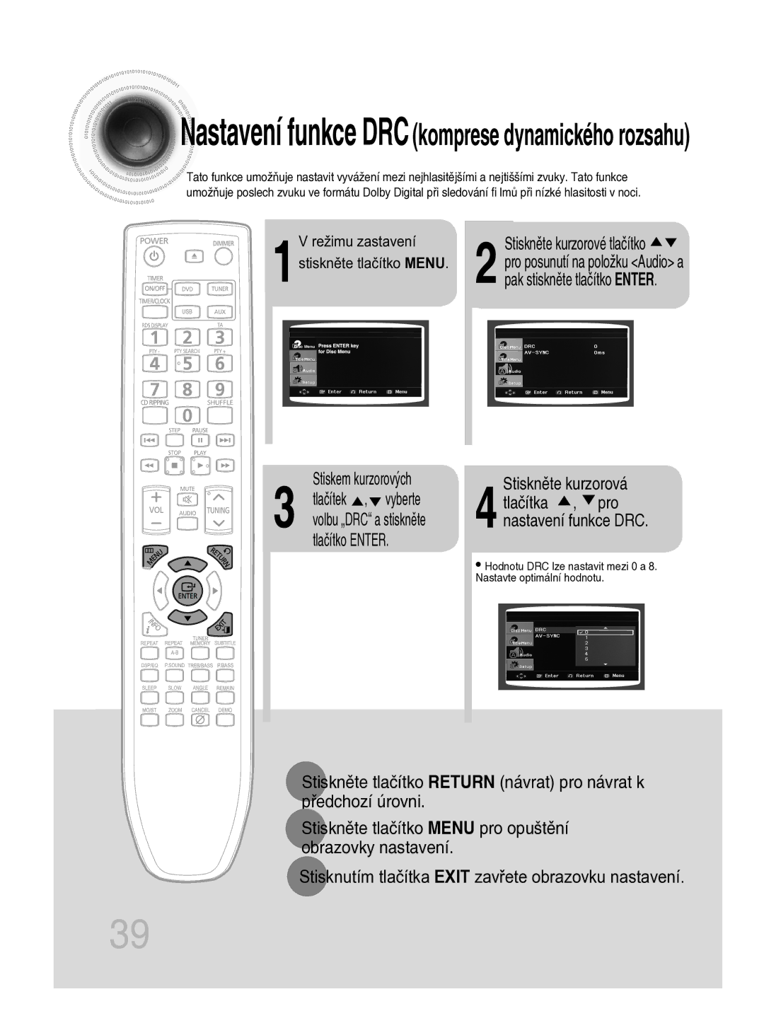 Samsung MM-C330D/EDC manual Nastavení funkce DRCkomprese dynamického rozsahu, Pak stiskněte tlačítko Enter 