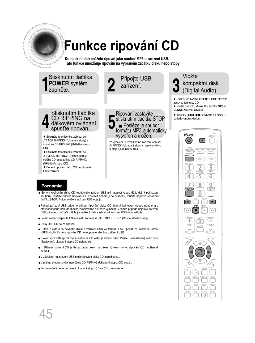 Samsung MM-C330D/EDC manual Power systém, Zařízení Kompaktní disk 1zapněte Digital Audio 