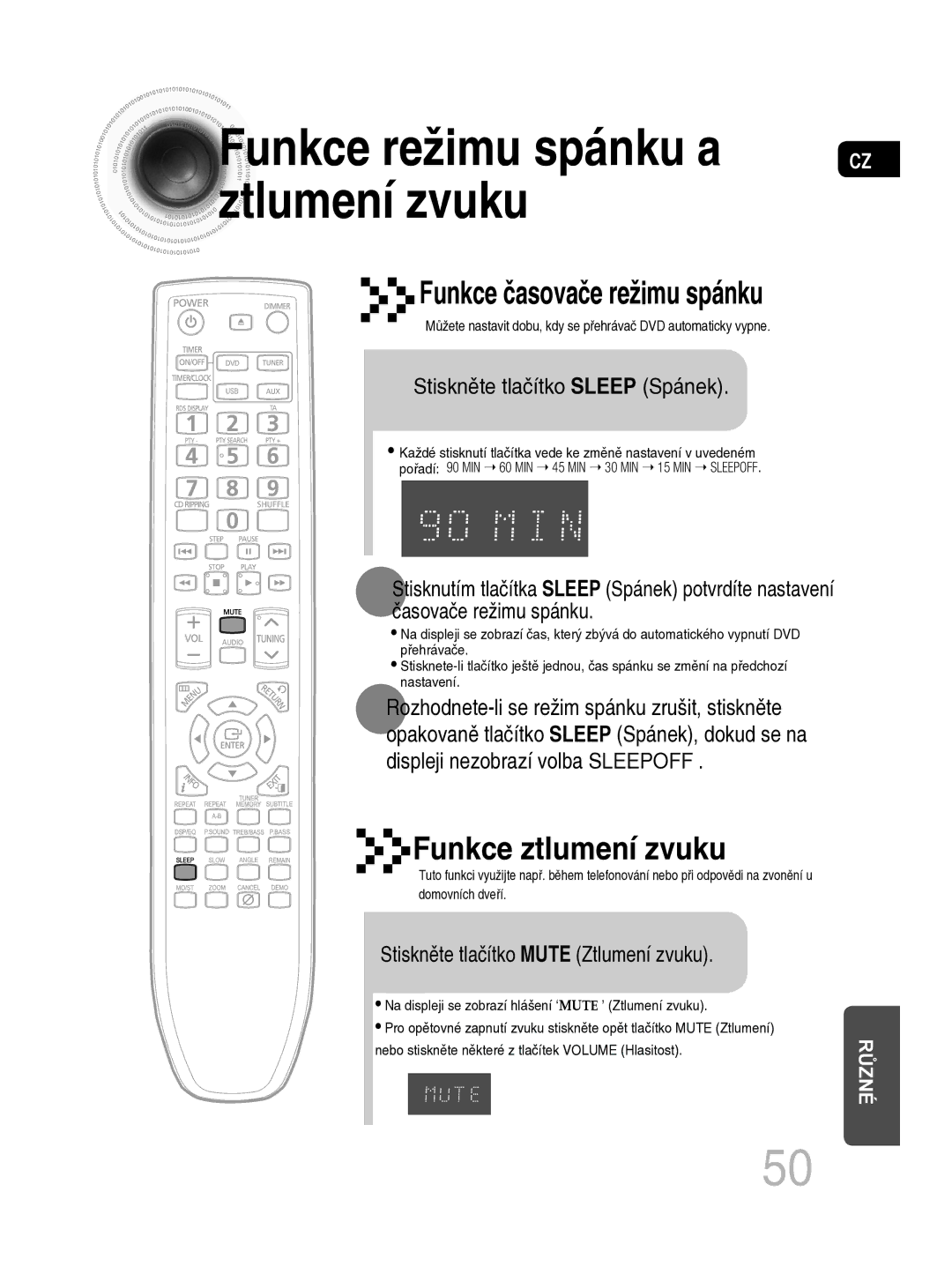 Samsung MM-C330D/EDC manual Funkce režimu spánku a Ztlumení zvuku, Stiskněte tlačítko Sleep Spánek 